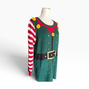 Isela Elf Ugly Christmas Sweater XL NWT 3D Bells Pom Poms Striped Holiday Tunic